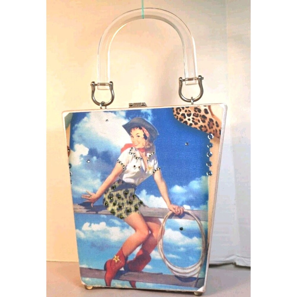 Rare Vintage Retro Angela Leavitt Pinup Cowgirl Wooden Felt Lined Purse/ Mirror